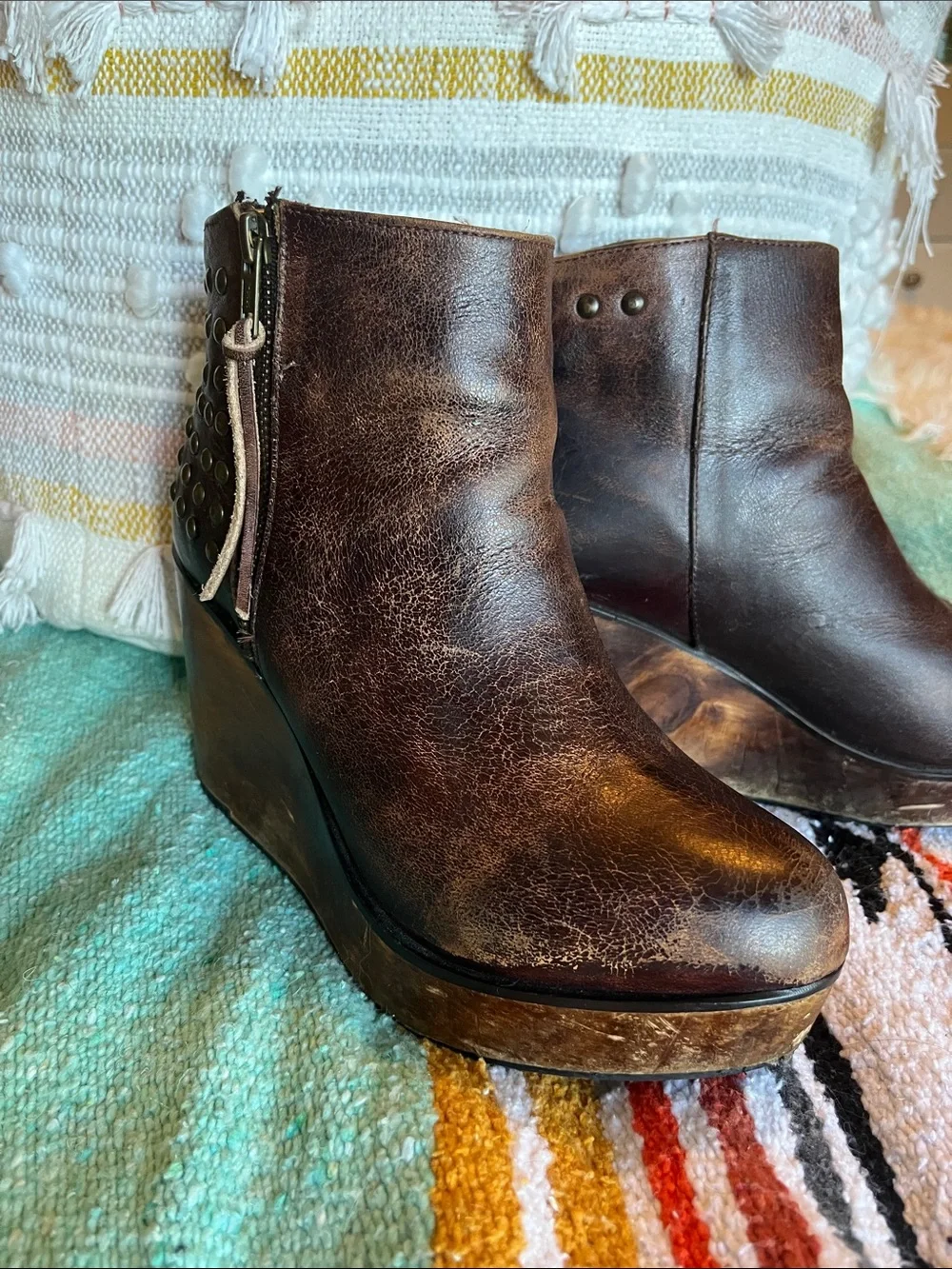 Bed Stu Brown Leather Studded Wedge Ankle Boots